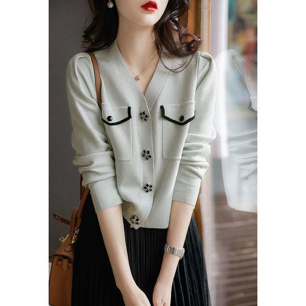 

women's knits & tees high-end temperament handmade petal buckle bright silk knitwear sweater coat pullover autumn all-match 0438, White