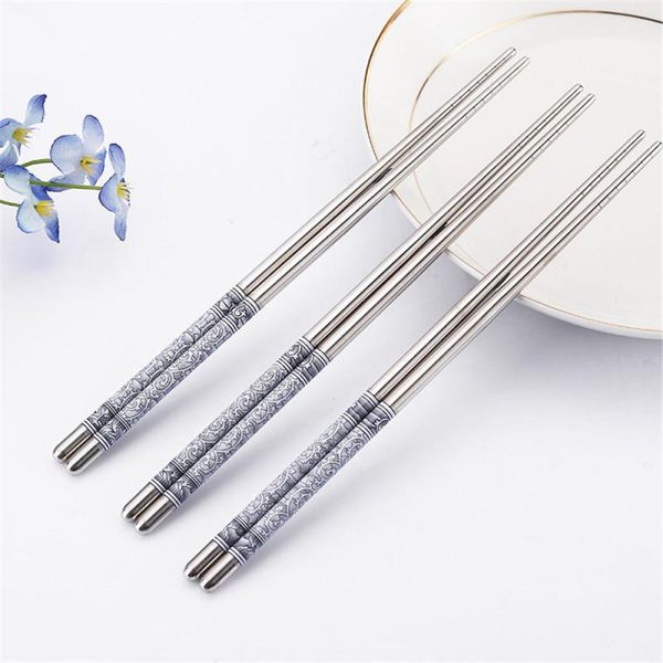 

chopsticks 5 pairs stainless steel reusable vintage printed non-slip chinese style tableware kitchen
