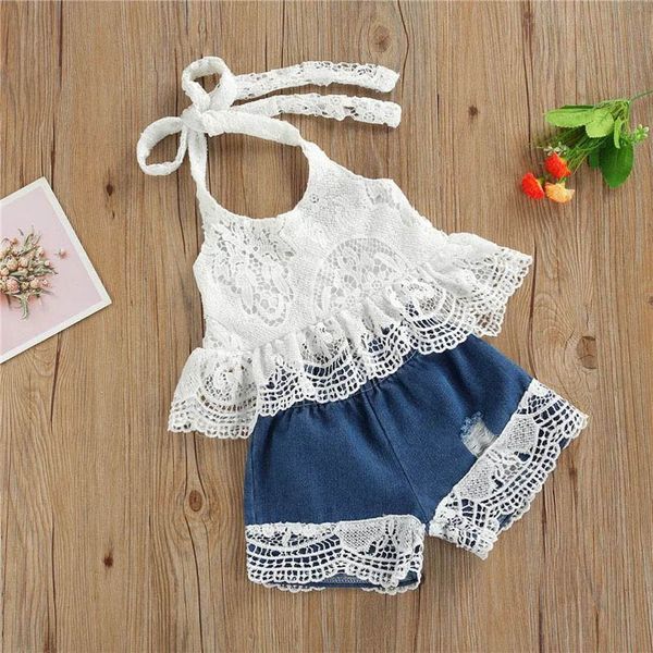 

kids clothing sets girls outfits baby clothes children suits wear summer lace vest tank hole denim shorts 2pcs b7496, White