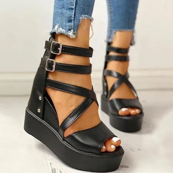 

sorphio ins girl solid chunky women shoes open toe buckle zipper rivet casual sandals women punk summer sandals, Black