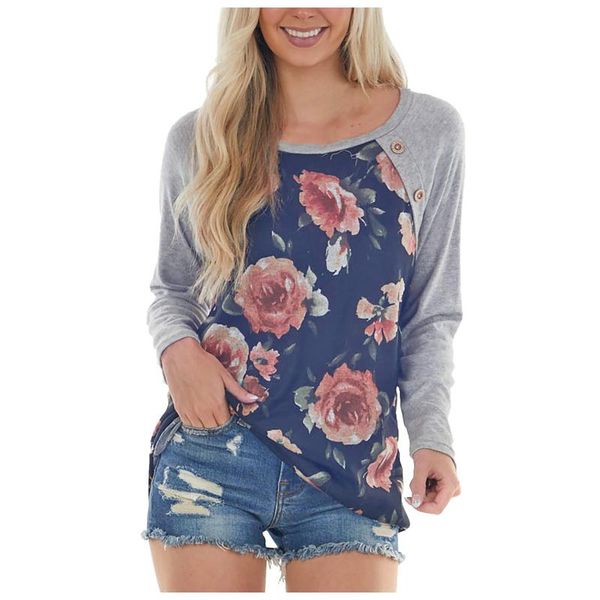 

women's t-shirt floral printing t-shirts women round neck long-sleeved urban casual loose type pullover spring autumn, White