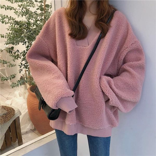 

women's hoodies & sweatshirts loose pullover warm faux wool hoodie coat outwear v-neck casual, Black