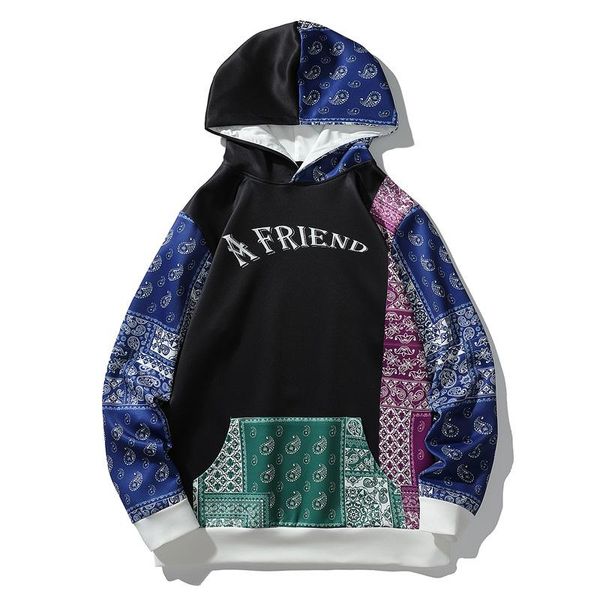 

men's hoodies & sweatshirts men street fashion brand stitching color cashew flower print hoodie straight casual hip-hop plus size japan, Black