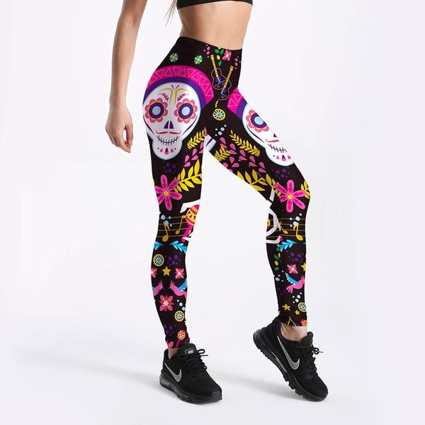

sportswear comic monkey skull women fitness workout fashion leggings digital print push up women elastic force legging, Black