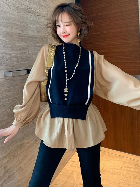 

women's tracksuits design feeling fashionable knitted vest joining together the lantern sleeve shirt off two shirts 2021 autumn and win, Gray
