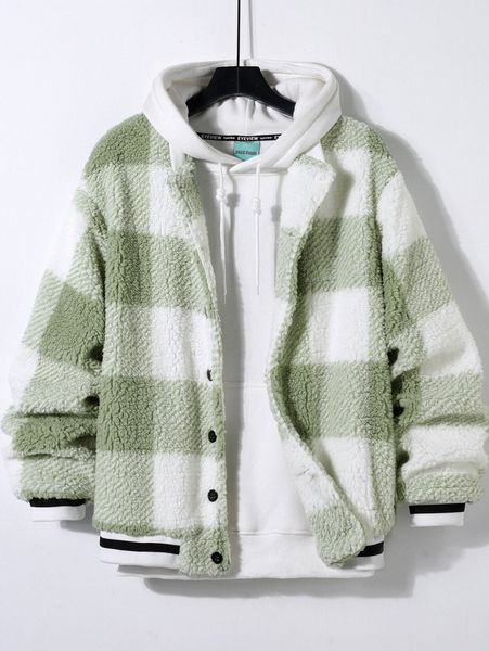 

men buffalo plaid print teddy bomber jacket without hoodie b7q7#, Black;brown