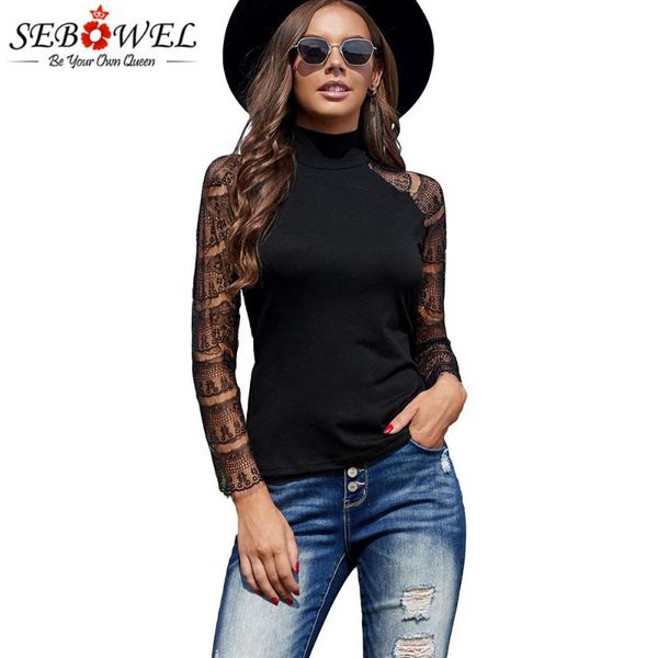 

women's blouses & shirts sebowel casual black high neck lace crochet long sleeve autumn winter turtleneck patchwork bottom s-xxl, White