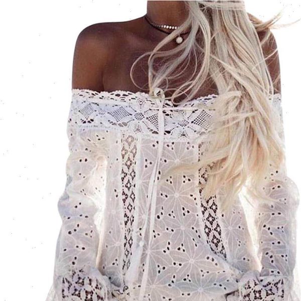 

white lace blouse shirt women off shoulder slash flare sleeve female blouses summer hollow out