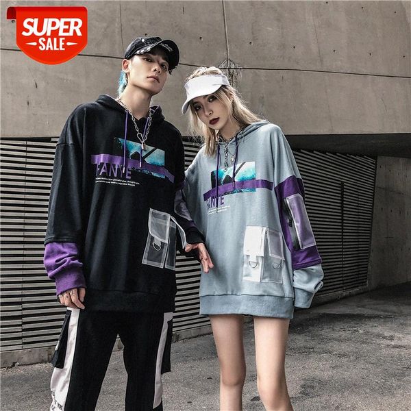 

brand hip-hop hooded short-sleeved sweater men's t-shirt printing student hiphop fake two-piece couple outfit #n610, Black