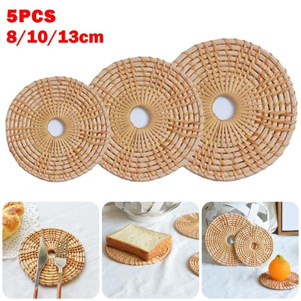 

mats & pads 5pcs rattan kitchen tablemat round cup placemats rustic handmade coasters for table drinks pad home decoration