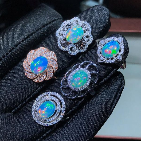 

cluster rings meibapj 5 styles 2.5 s natural opal gemstone flower for women real 925 sterling silver charm fine wedding jewelry, Golden;silver