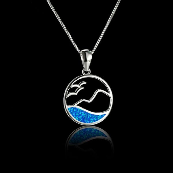 

pendant necklaces 2021 fashion round hollow wave necklace for women girl blue opal trendy wedding party jewelry gifts, Silver