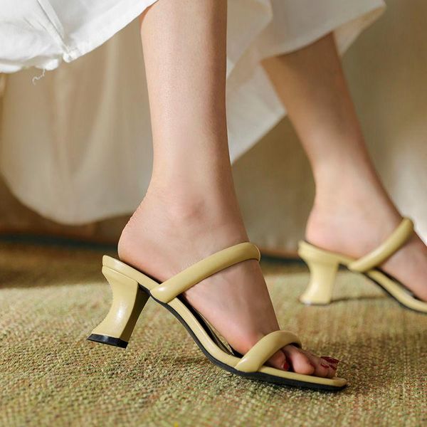 

slippers summer med heels party mules shoes ladies 2021 women slides fashion female concise pu, Black