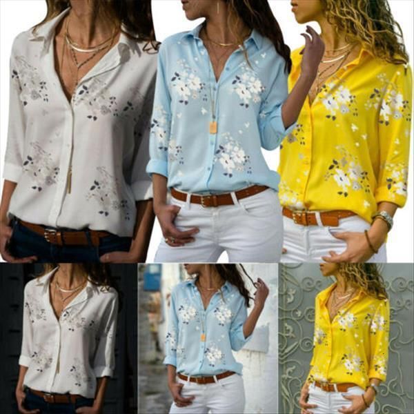 

plus size womens long sleeve v neck lapel loose floral print shirts office applique lady summer casual daily work clothing s, White
