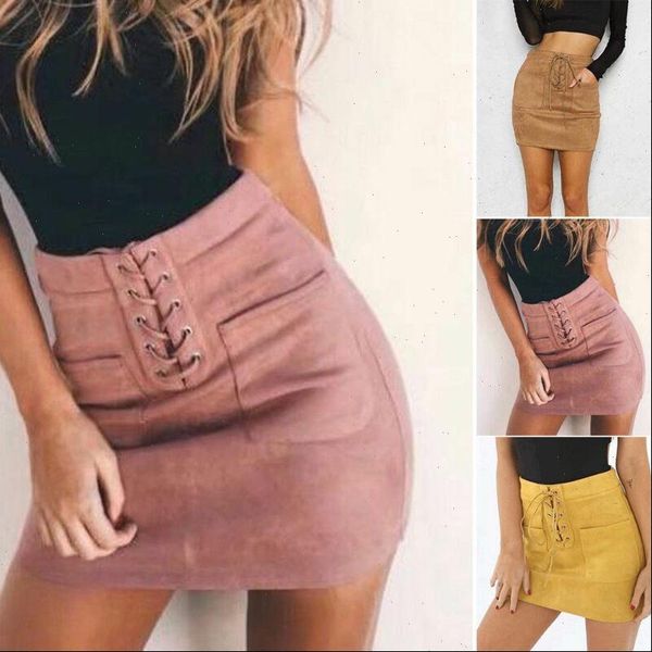 

women leather suede lace bandage high waist party pencil short mini skirt ladies womens brief solid daily skirts, Black