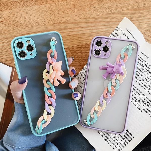 Matte transparente arco-íris pulseira urso telefone casos para iphone 12 mini 11 pro max plus capa