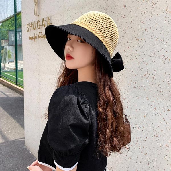 

wide brim hats women's bucket hat korean summer dome hollow cap japanese cute bow shade fashionable foldable sun, Blue;gray