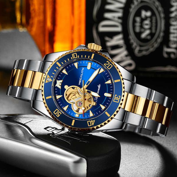 

megalith luxury automatic mechanical men watch tourbillon waterproof sport watches male wristwatch steel clock relogio masculino, Slivery;brown