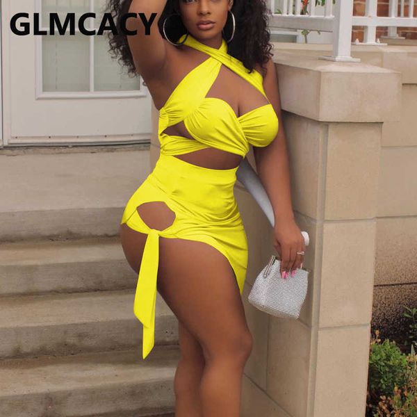 

two piece party club suits halter bandage crop & bodycon skirt set 210702, White