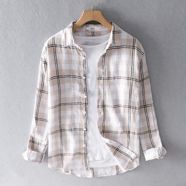 

2021 new large plaid linen brand summer shirt for men casual comfortable and breathable male long-sleeved shirts s92n, White