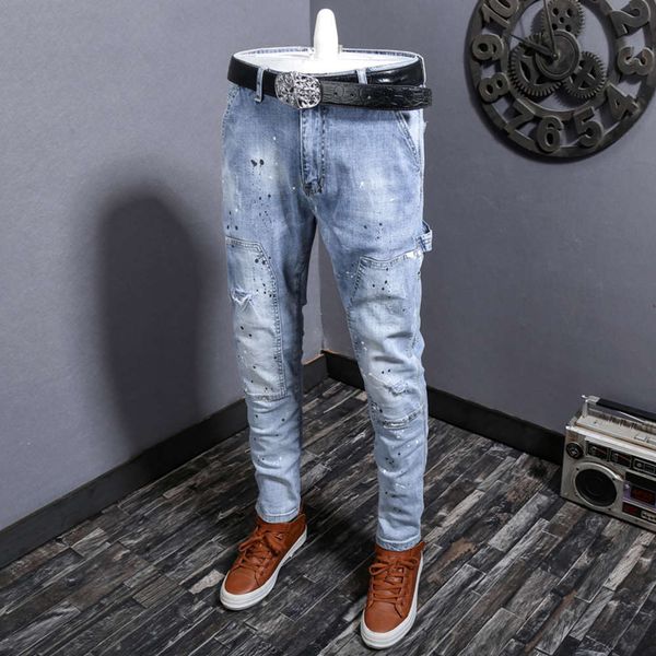

spring and summer splash ink hole stitching jeans men's fashion brand handsome casual slim feet long pants young menwinter, Blue