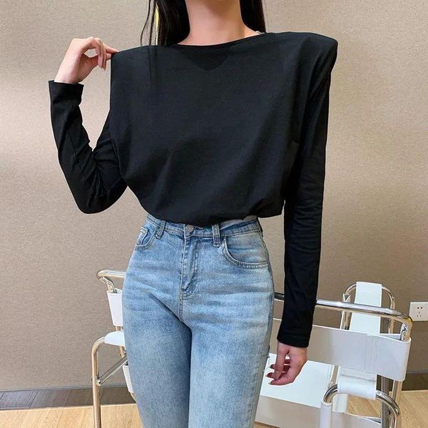 

women's t-shirt halter long-sleeved autumn fashion all-match temperament shoulder pad slim-fit, White