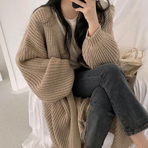 

women's knits & tees long knitted cardigan women casual loose oversized lantern sleeve sweater coat fashion solid warm v-neck outerwear, White