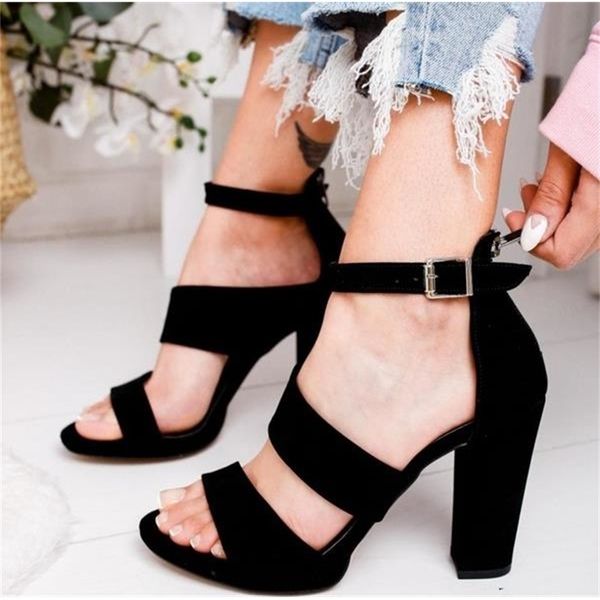 

2021 new summer high heels fashion solid buckle strap square heel women shoes pointed toe ladies plus size pumps y9vh, Black