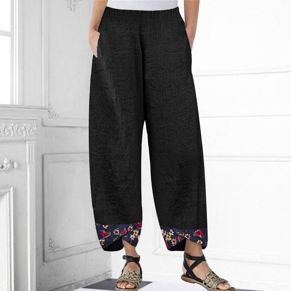 

women's pants & capris women casual wide leg pant 2021 spring elastic waist vintage floral trousers female loose pantalon plus size 5xl, Black;white