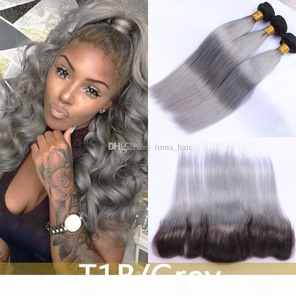 

8a gray dark root peruvian virgin hair 3 bundles ombre hair extensions with frontal straight grey weave ombre hair with closure, Black;brown