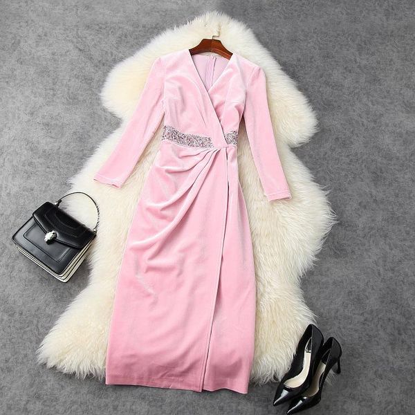 

casual dresses european and american women's wear 2021 winter style long-sleeved v-neck bead fashionable slim velvet dress, Black;gray