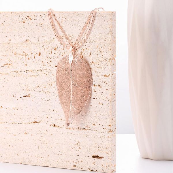 

pendant necklaces fashion natural real leaf pendants for women silver color rose gold 3 layered chain long necklace gift jewelry