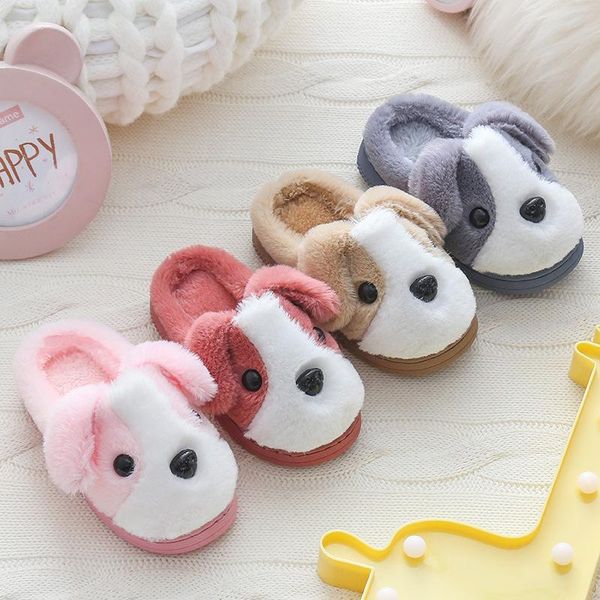 

slipper winter children home warm shoes fur slippers cute dog cartoon boy girl casual indoor cotton baby kids hairy, Black;grey