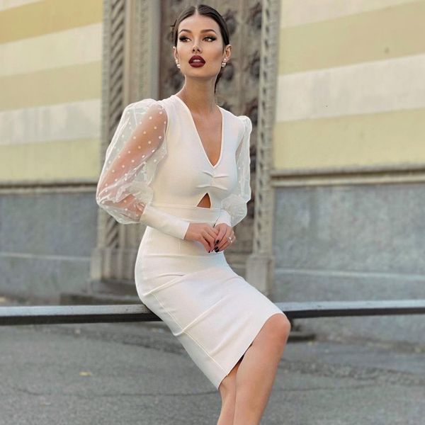 

2021 new winter white lace long sleeve women bodycon bandage hollow out v neck midi evening runway party d2u8, Black;gray