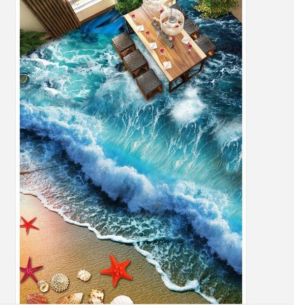 

3d bathroom wallpaper waterproof beach wave surf 3d floor floor painting wallpaper