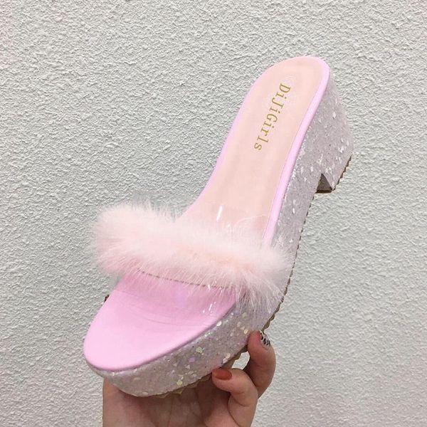 

slippers women's furry cute pink plush pvc sandals thick bottom platform women sequins flip flops party casual shoes, Black
