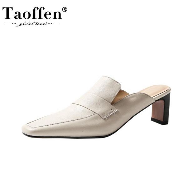 

taoffen women high heel sandals real leather summer shoes woman slipper square toe fashion lady daily home footwear size 34-40, Black