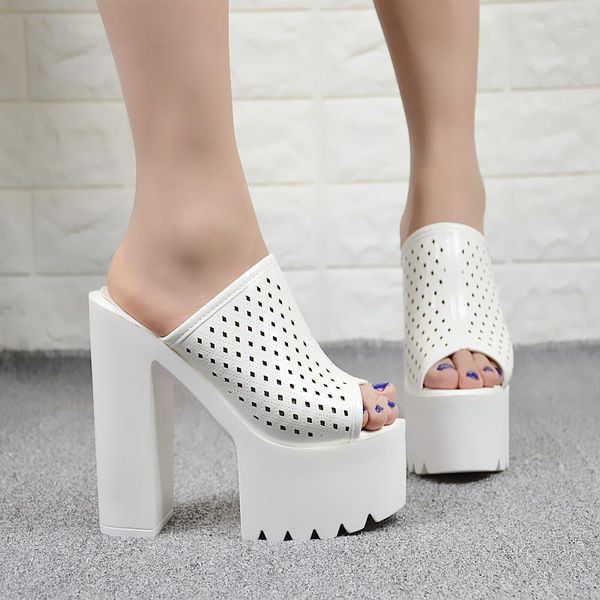 

slippers 14cm15cm women's shoes white super high heel open toe thick platform fish mouth, Black