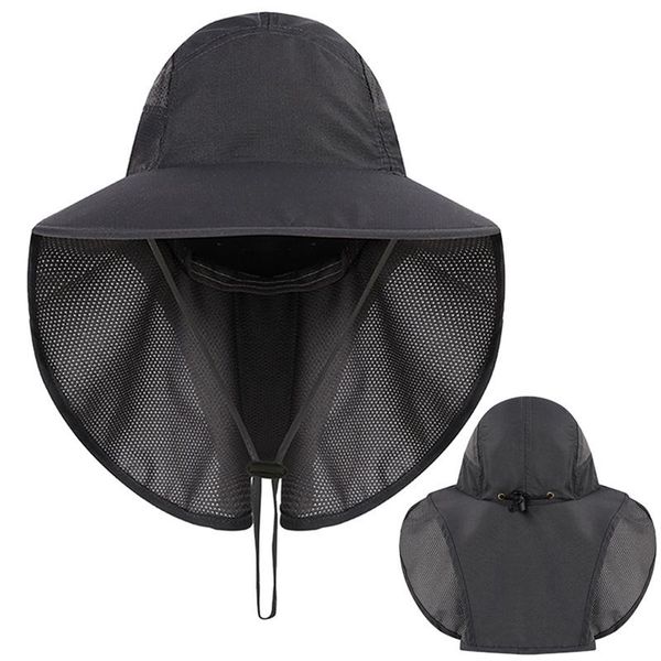 

outdoor hat wide brim breathable mesh outdoor sport hiking hat uv protection face neck flap man sun cap, Black;white