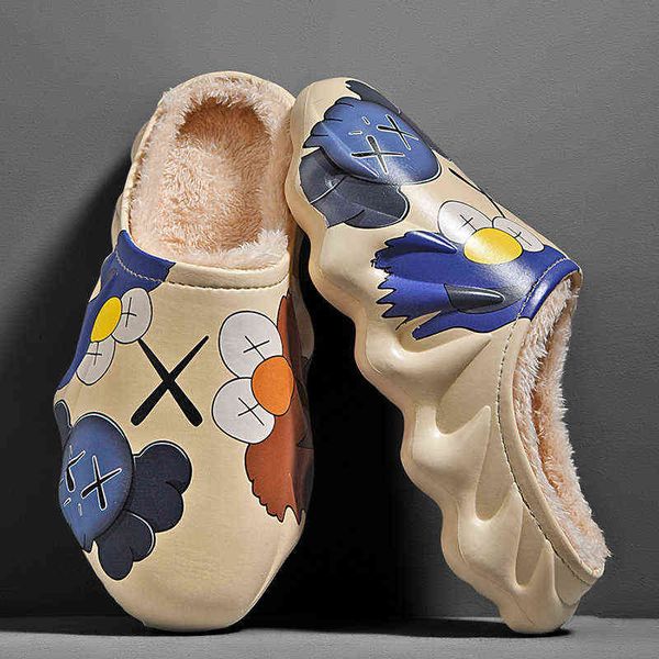 

slippers fixsys women men winter warm slippers fur clog shoes waterproof slides short plush couple indoor house male half 1119, Black
