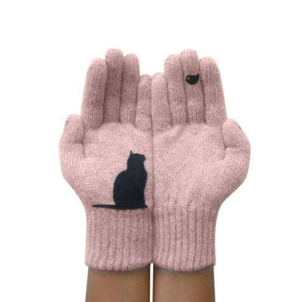

five fingers gloves women lady winter warm animal cat printed knitted thermal mittens, Blue;gray