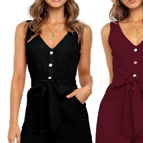 

summer casual playsuit woman v neck belt tunic orange pink black solid 2021 overalls for women elegant jumpsuit short, Black;white