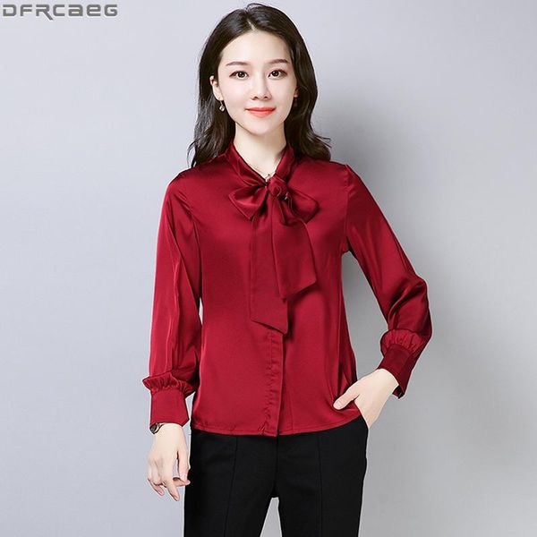 

women's blouses & shirts elegant office lady woman 2021 fashion solid long sleeve satin shirt lace up bow plus size female red black p, White