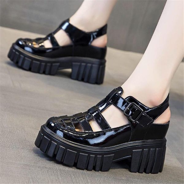 

dress shoes summer ankle boots women patent leather platform wedge sandals high heels closed toe punk goth oxfords 34 35 36 37 38 39, Black