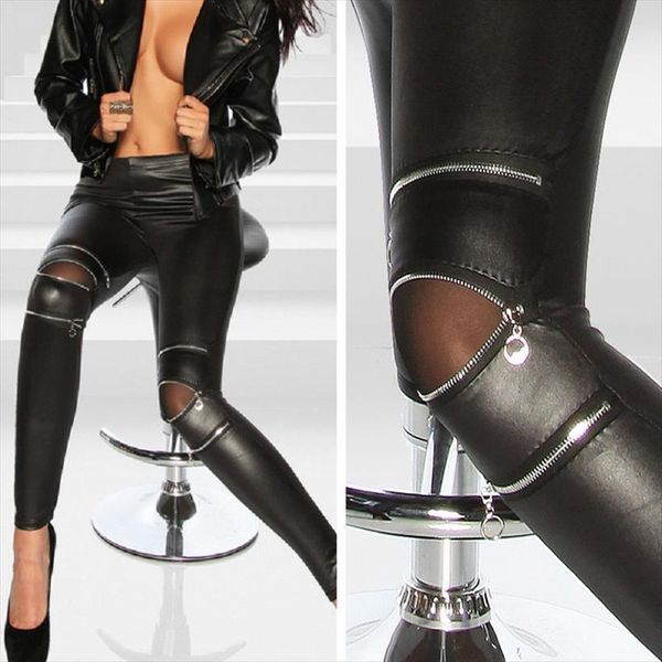 

pants pu leather stretch women legging skinny zipper knee casual black
