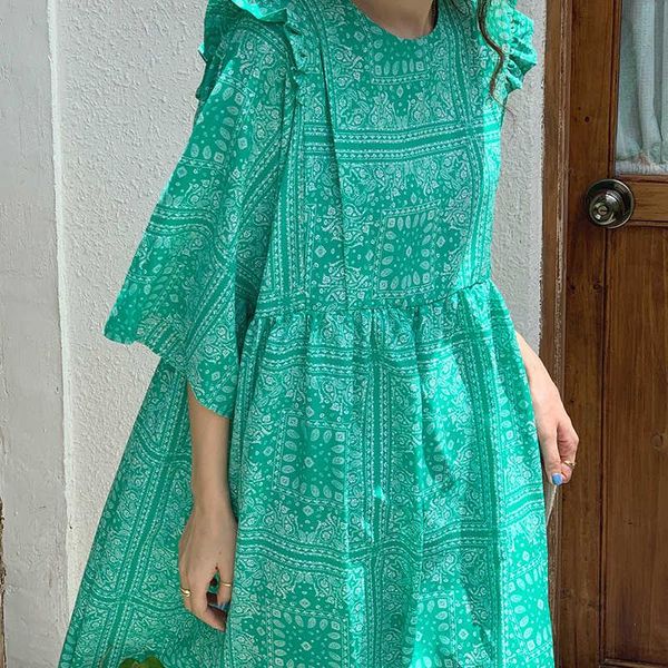 

casual dresses [ewq] korea chic trendy women fashion o neck printed splicing loose green midi dress with wooden ears summer 2021 16e891, Black;gray