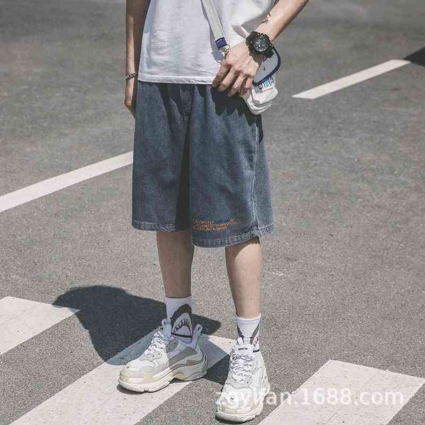 

summer new loose straight jeans shorts trendy brand wash tooling men's hip hop capris, White;black