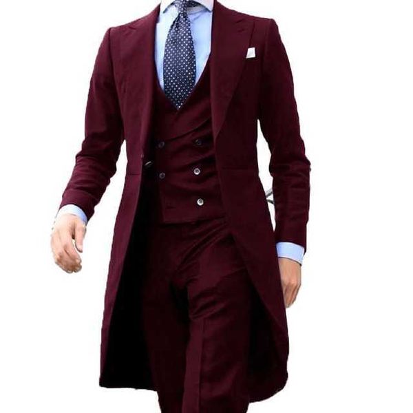 New Arrivel 2021 Casaco longo desenhos Borgonha homens terno gentil homens smoking bailer personalizado 3 peças (jaqueta + colete + calça) x0909