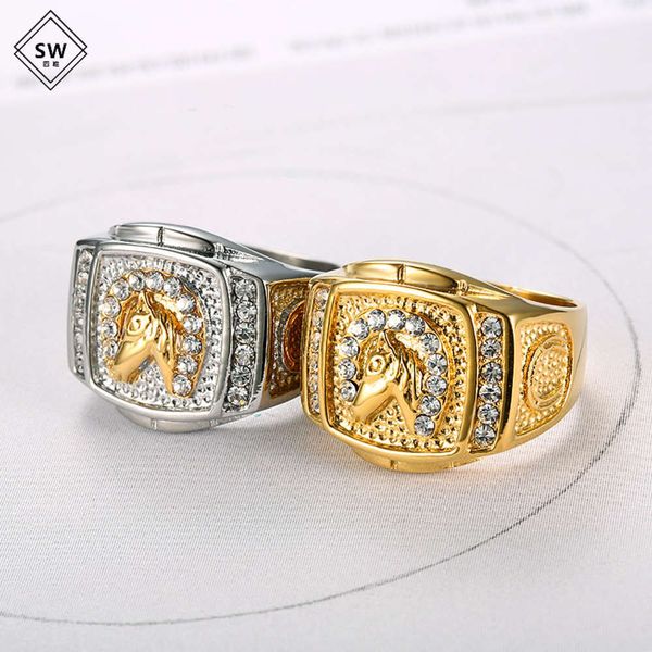 

trendy new four only artificial hip hop hiphop jewelry titanium gold plated diamond horse head men's ring, Silver
