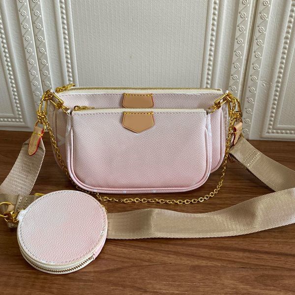 lv8 Borse Rotonda di altissima qualità Pochette da donna con cerniera Borsa a tracolla Messenger in vera pelle Lettere stampate Tre foto Rosa Blu Spalla jacquard regolabile